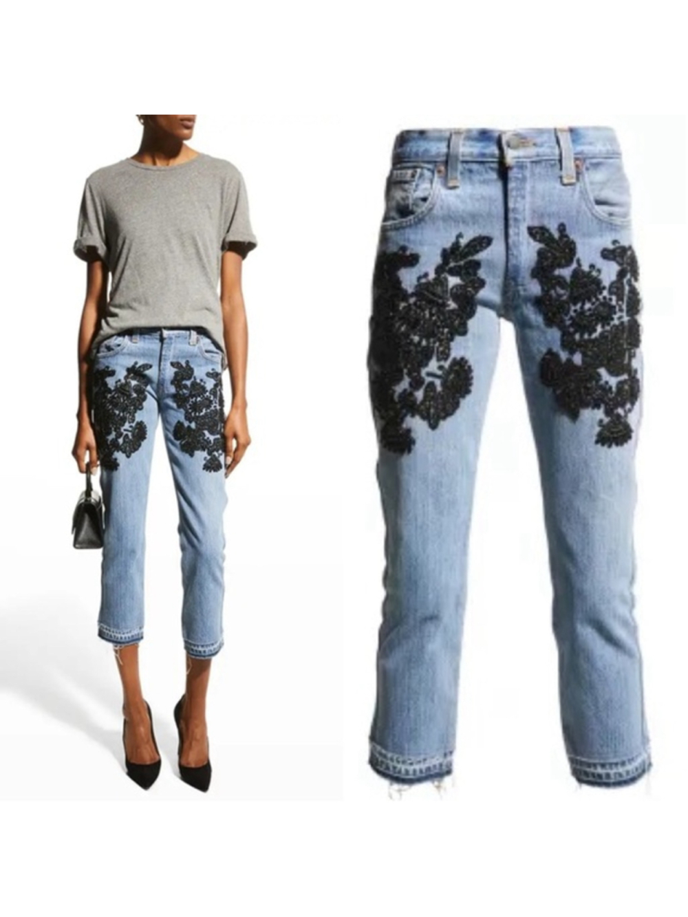 Le Superbe Beaded Floral Embellished Crop Jeans 26 Light Wash Distressed Boho